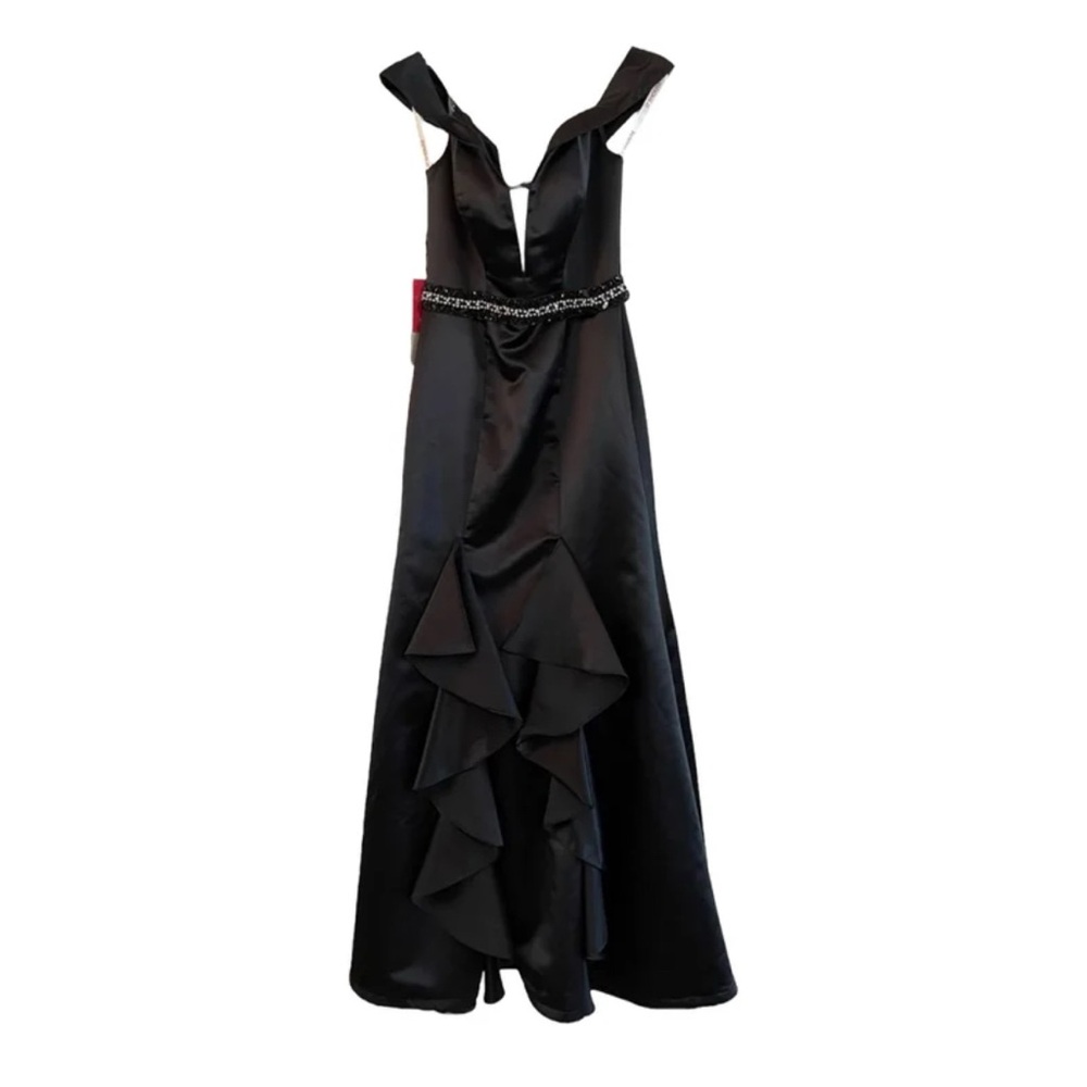 JJs House Black Formal Gown A Line Sweetheart with Deep V Neck & Ruffles size 8